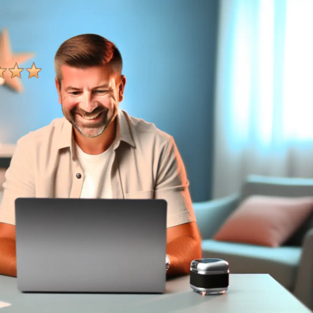 Zadowolony klient przeglądający produkt i wystawiający opinię online