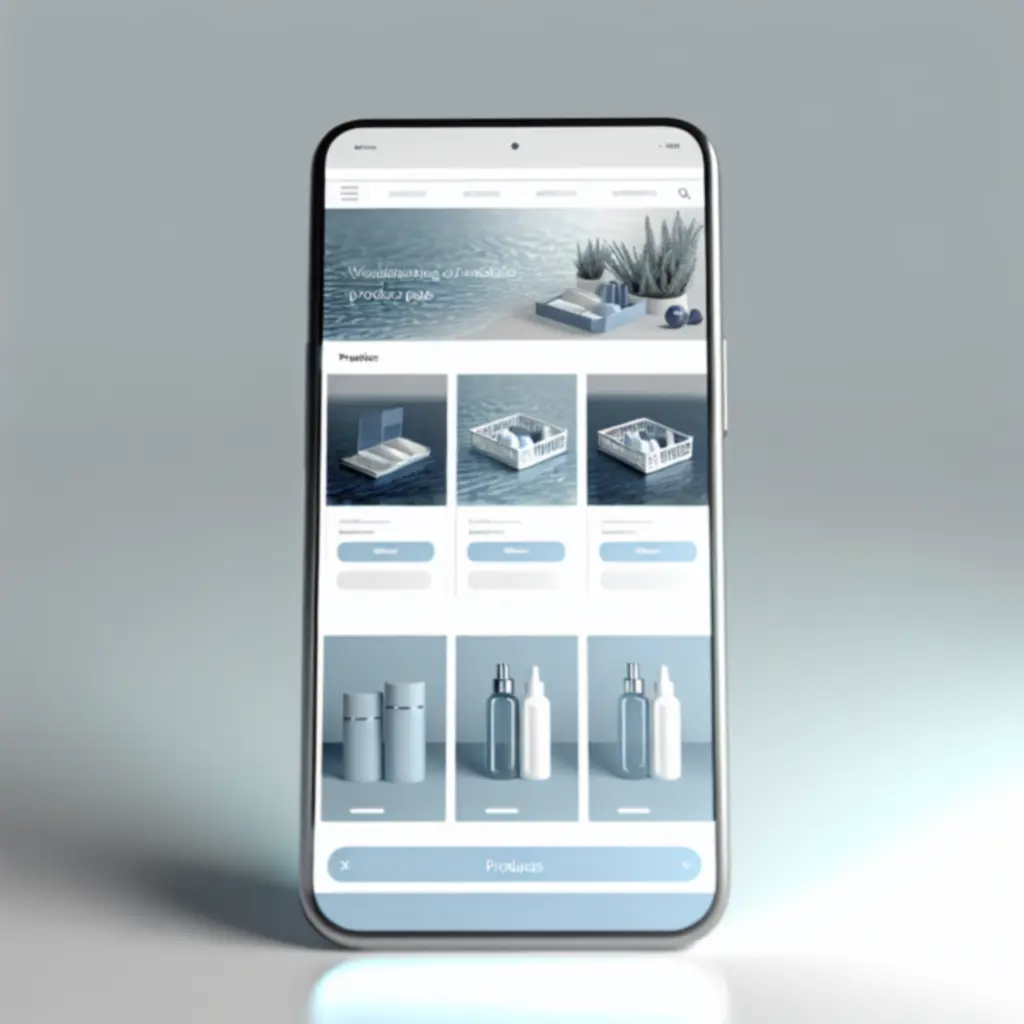 Widok zakupów mobilnych na smartfonie w spokojnej, niebiesko-białej kolorystyce