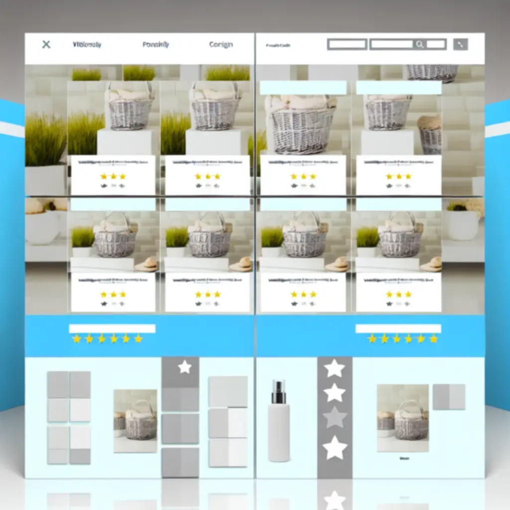 Siatka wyników wyszukiwania produktów z ceną, oceną i przyciskiem szybkiego podglądu